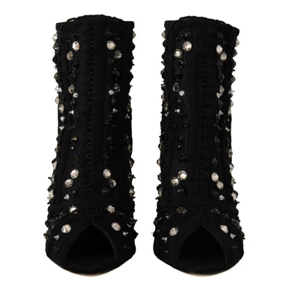 Dolce & Gabbana Black Crystals Heels Zipper Short Boots Shoes