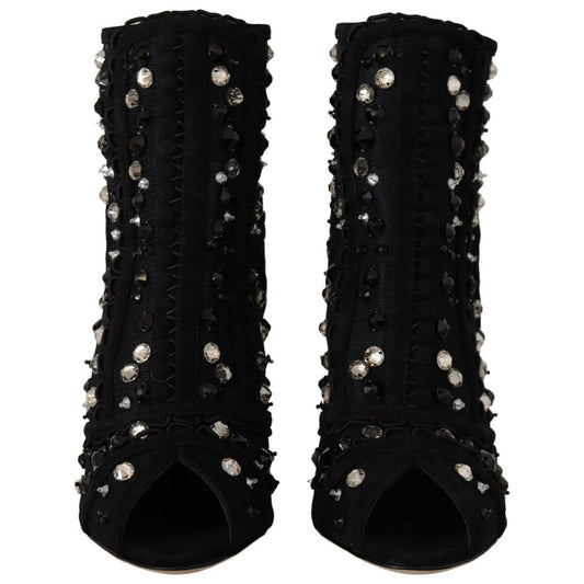 Dolce & Gabbana Black Crystals Heels Zipper Short Boots Shoes LA9773 - 37.5