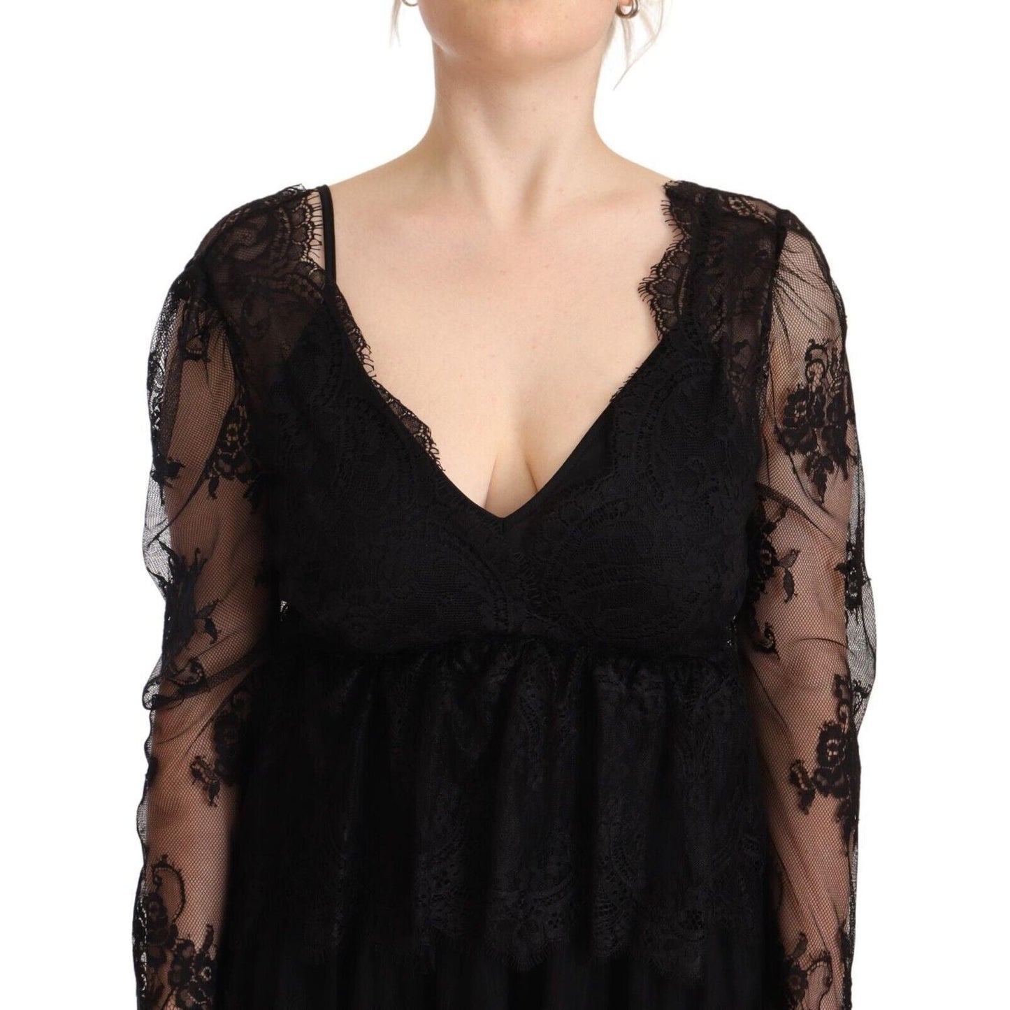 Aniye By Black Floral Lace Cotton Long Sleeves V-neck Shift Dress DR28361 - 44
