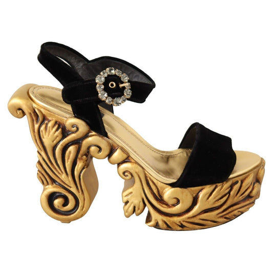 Dolce & Gabbana Black Gold Baroque Velvet Heels Crystal Shoes LA9848- 38