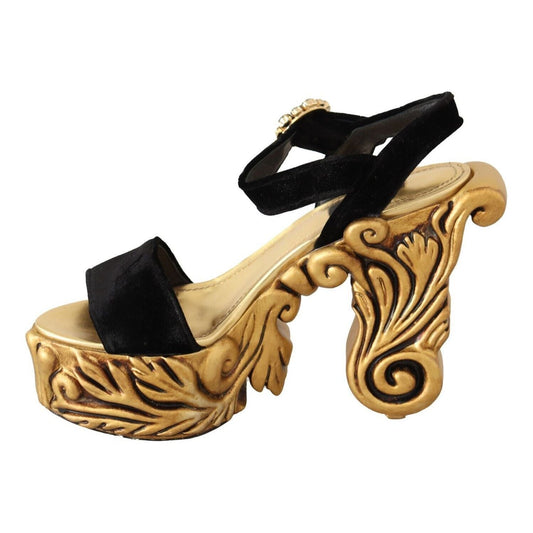 Dolce & Gabbana Black Gold Baroque Velvet Heels Crystal Shoes LA9848- 38