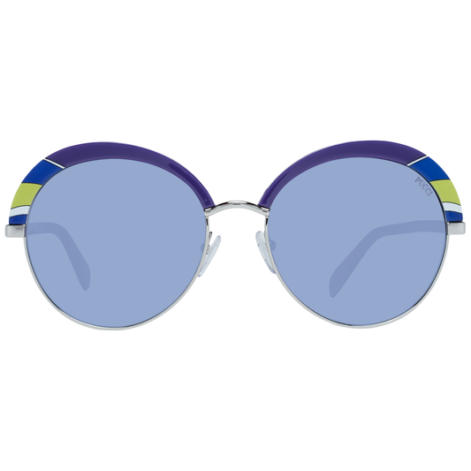 Emilio Pucci purple oval women sunglasses with blue gradient lenses, metal and plastic frame, offering 100% UVA & UVB protection.