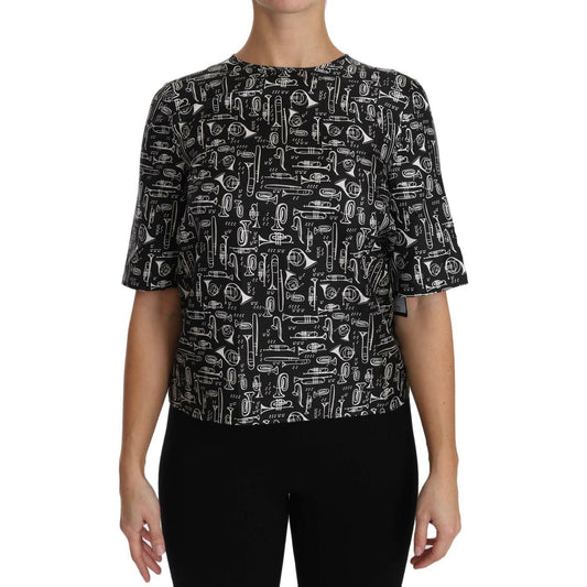 Dolce & Gabbana Black Musical Instruments Print Silk Blouse TSH2894- 36