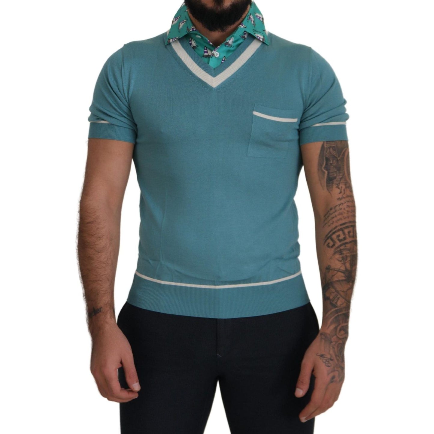 Dolce & Gabbana Blue Silk Polo Top Mens V-neck T-shirt