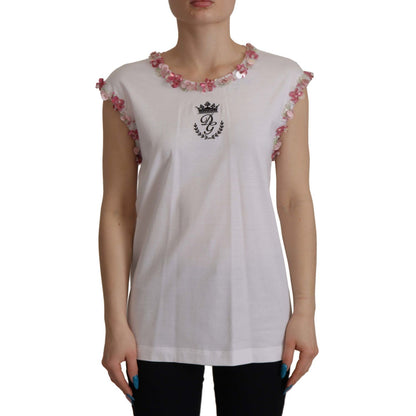 Dolce & Gabbana White DG Crown Floral Sequin T-shirt