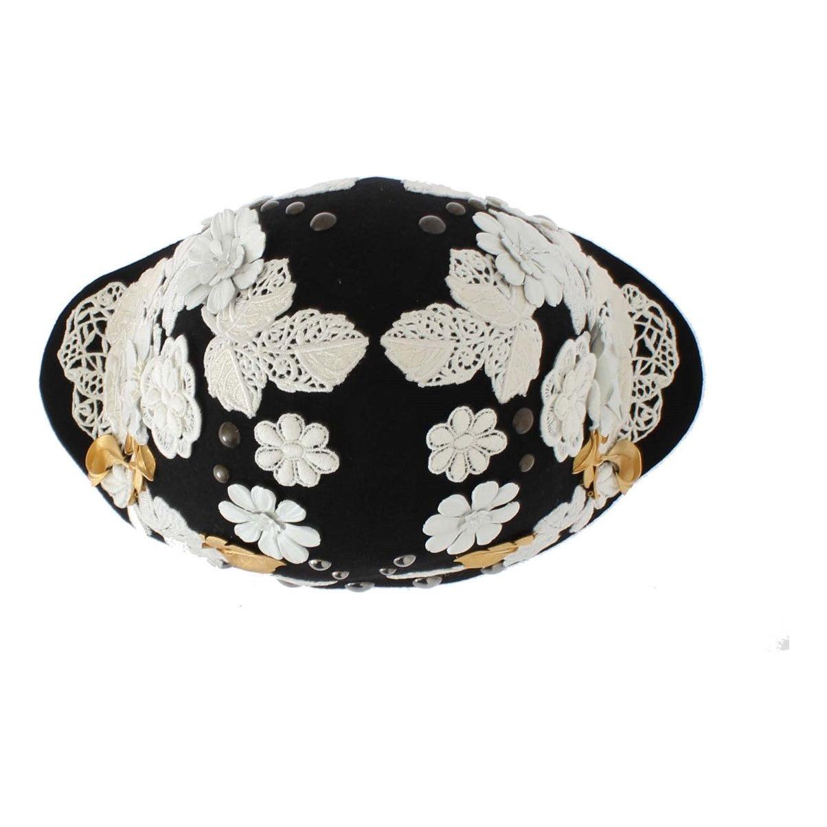 Dolce & Gabbana Black Wool White Floral Gold Leaf Hat Hat