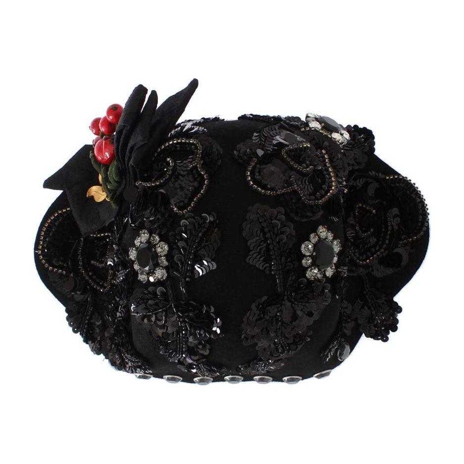 Dolce & Gabbana Black Crystal Gold Cherries Brooch Hat Cap