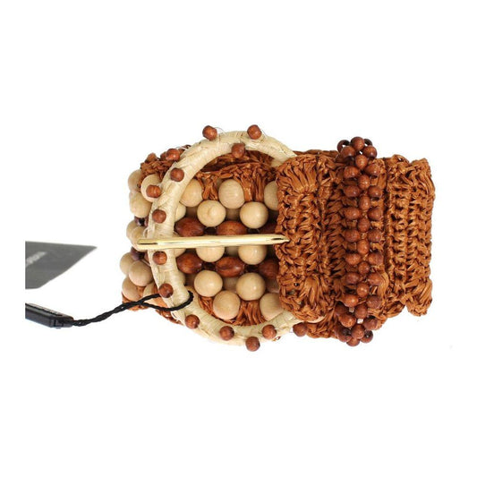 Dolce & Gabbana Brown Raffia Wood Beaded Wide Waist Belt Belt