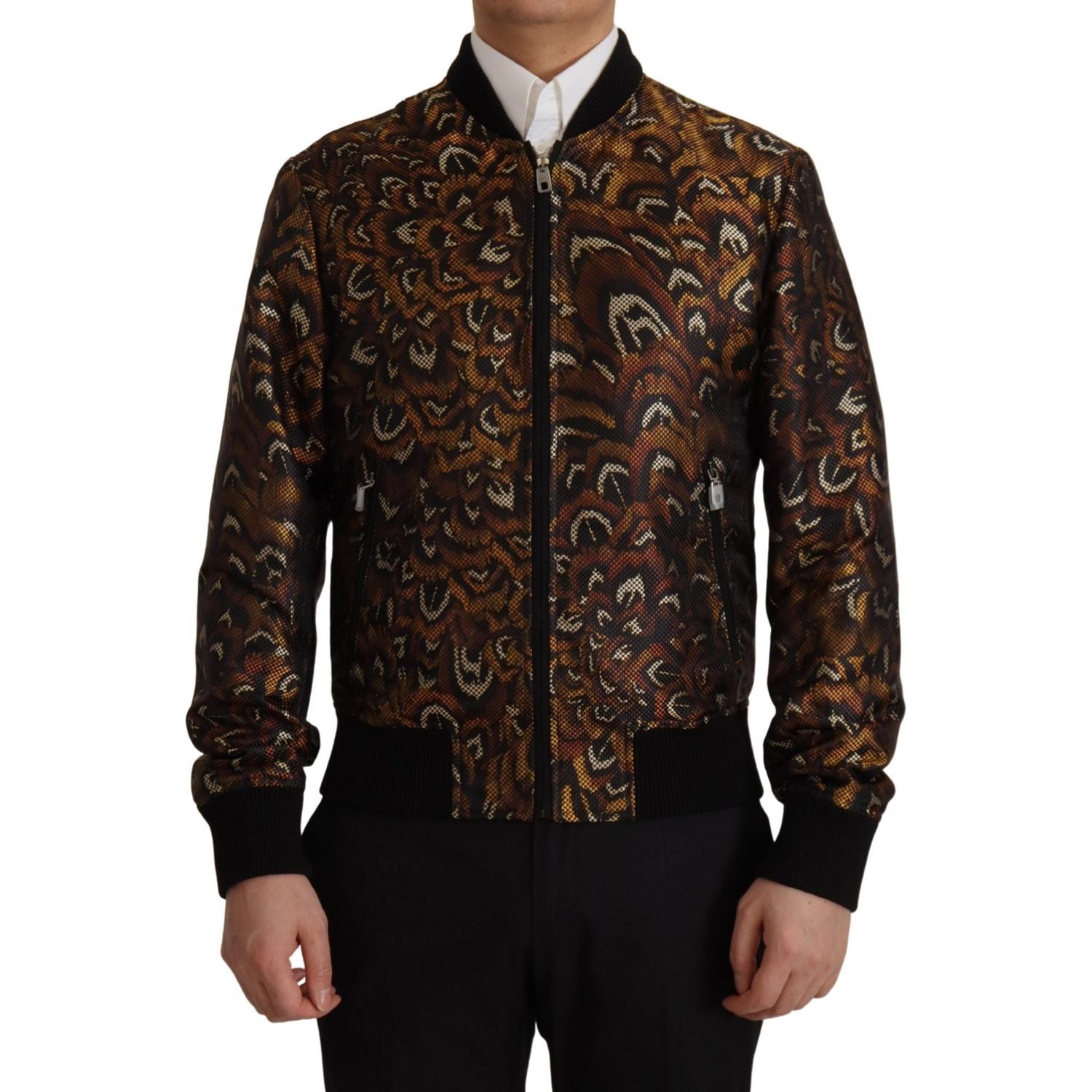 Dolce & Gabbana Brown Feather Full Zip Blouson Jacket