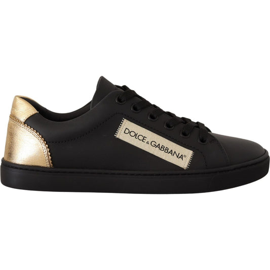 Dolce & Gabbana Black Gold Leather Low Top Sneakers Womens Shoes LA9899- 36
