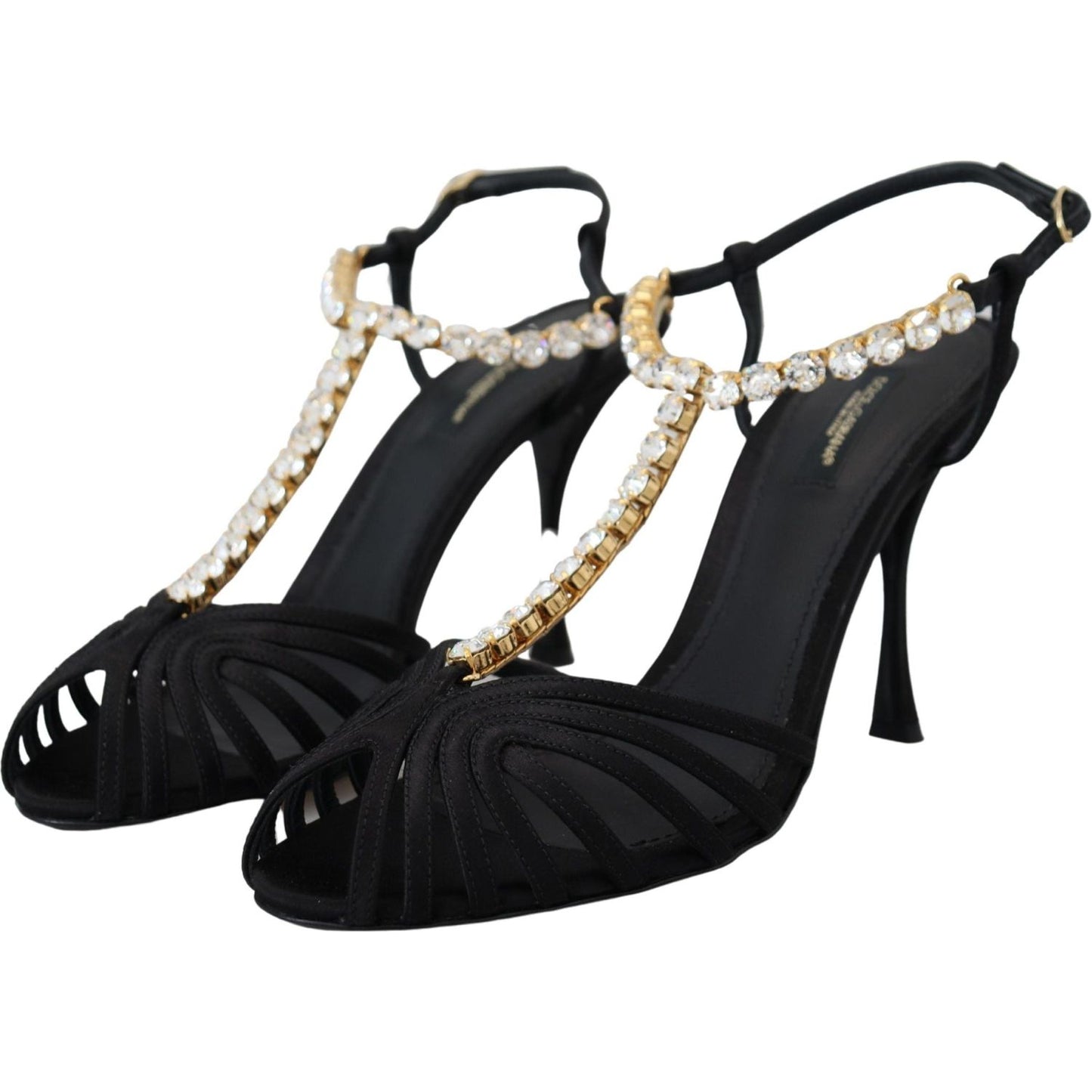 Dolce & Gabbana Black Satin Clear Crystal T-strap Sandal Shoes LA10077- 35.5