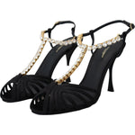 Dolce & Gabbana Black Satin Clear Crystal T-strap Sandal Shoes LA10077- 35.5