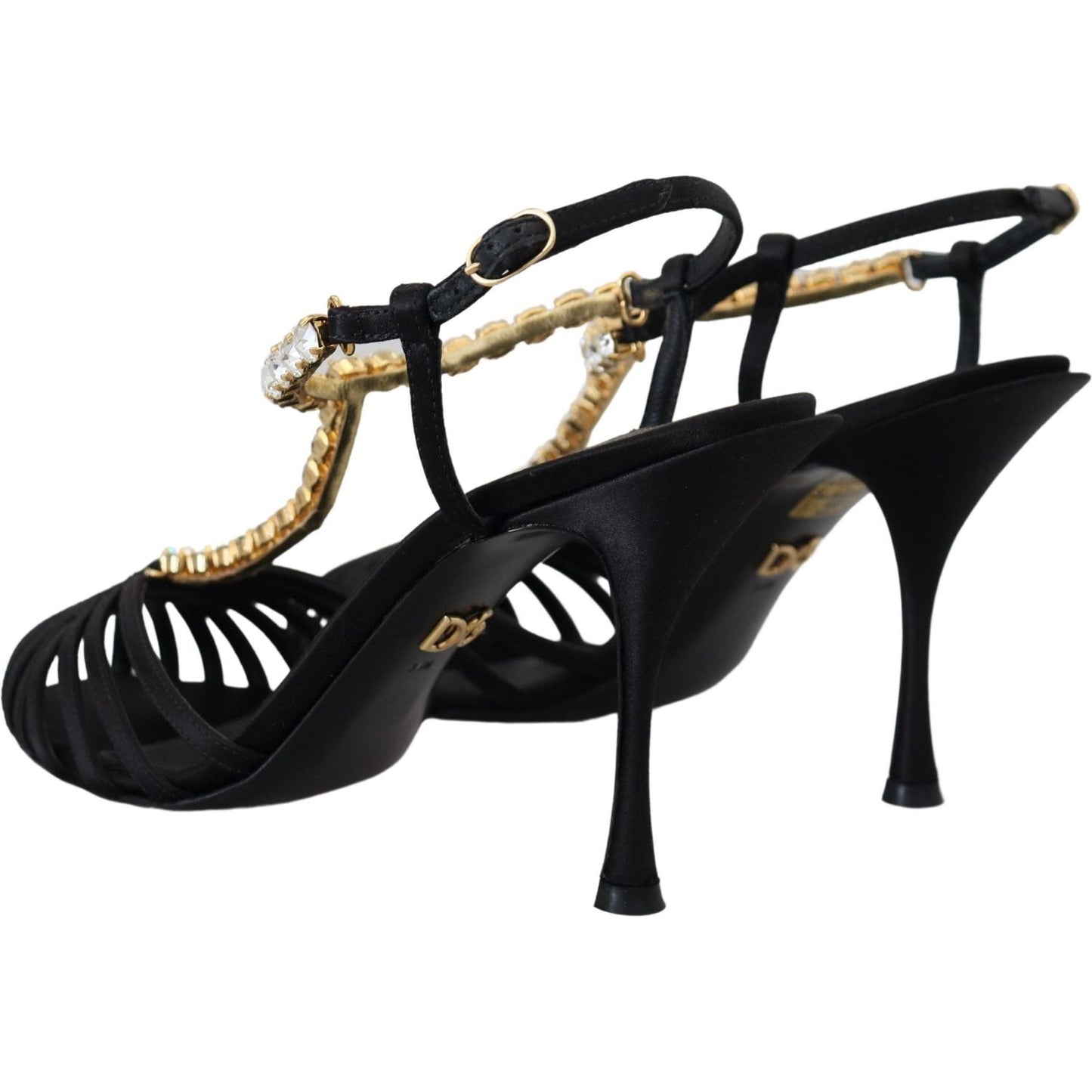 Dolce & Gabbana Black Satin Clear Crystal T-strap Sandal Shoes LA10077- 35.5