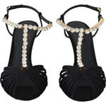 Dolce & Gabbana Black Satin Clear Crystal T-strap Sandal Shoes LA10077- 35.5