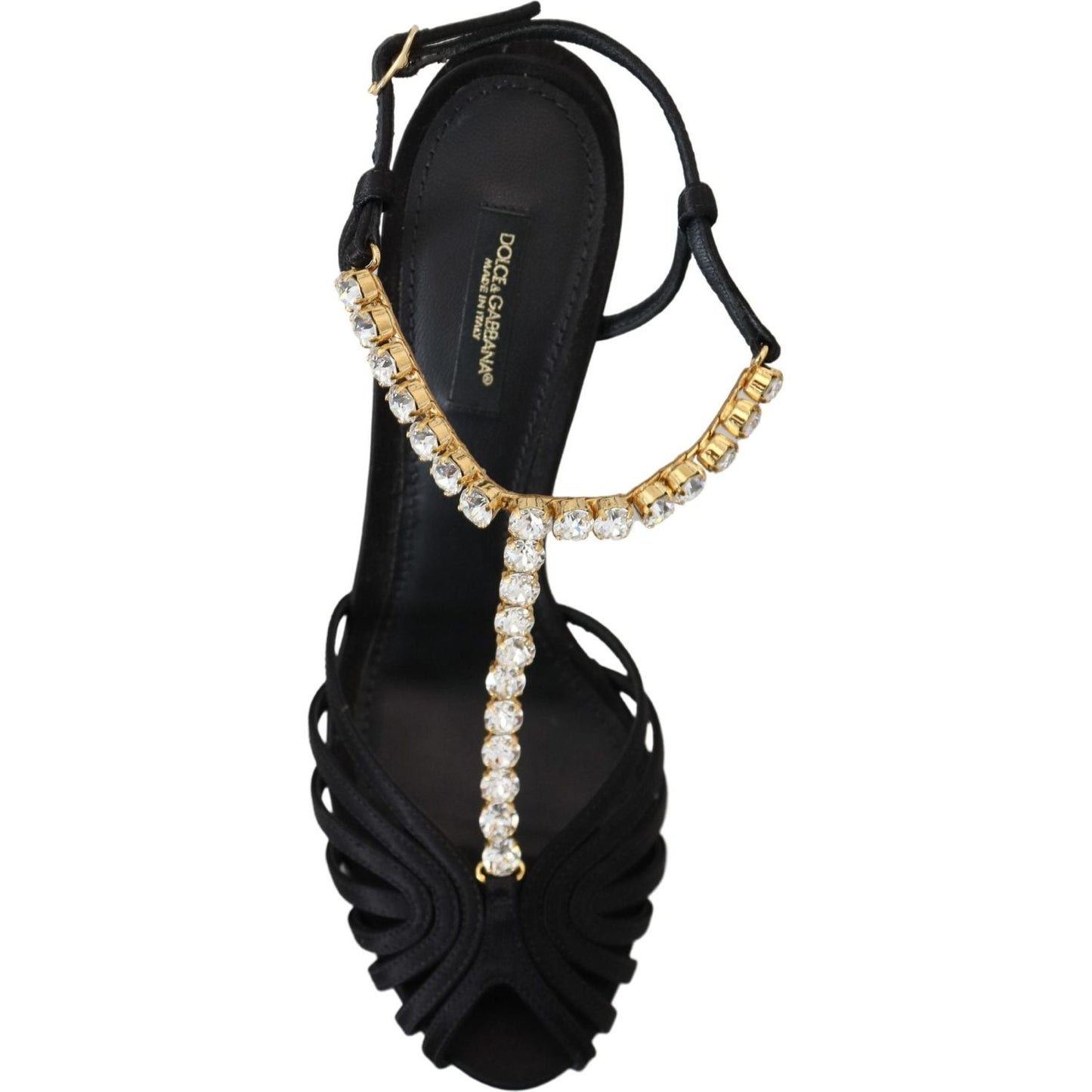 Dolce & Gabbana Black Satin Clear Crystal T-strap Sandal Shoes LA10077- 35.5