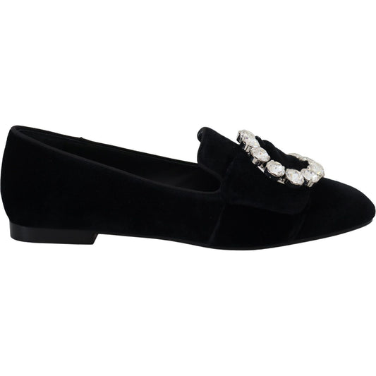 Dolce & Gabbana Black Velvet Crystals Loafers Flats Shoes LA10081- 36