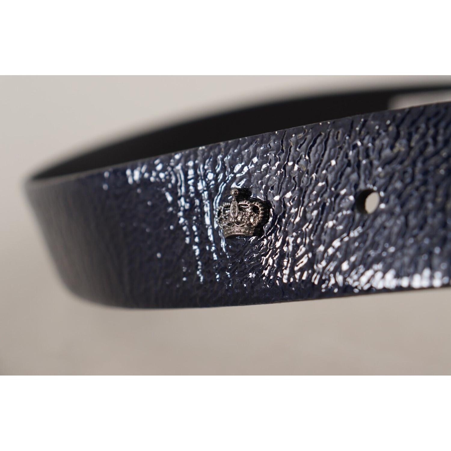 Dolce & Gabbana Blue Patent Leather Vernice Silver Logo Buckle Belt