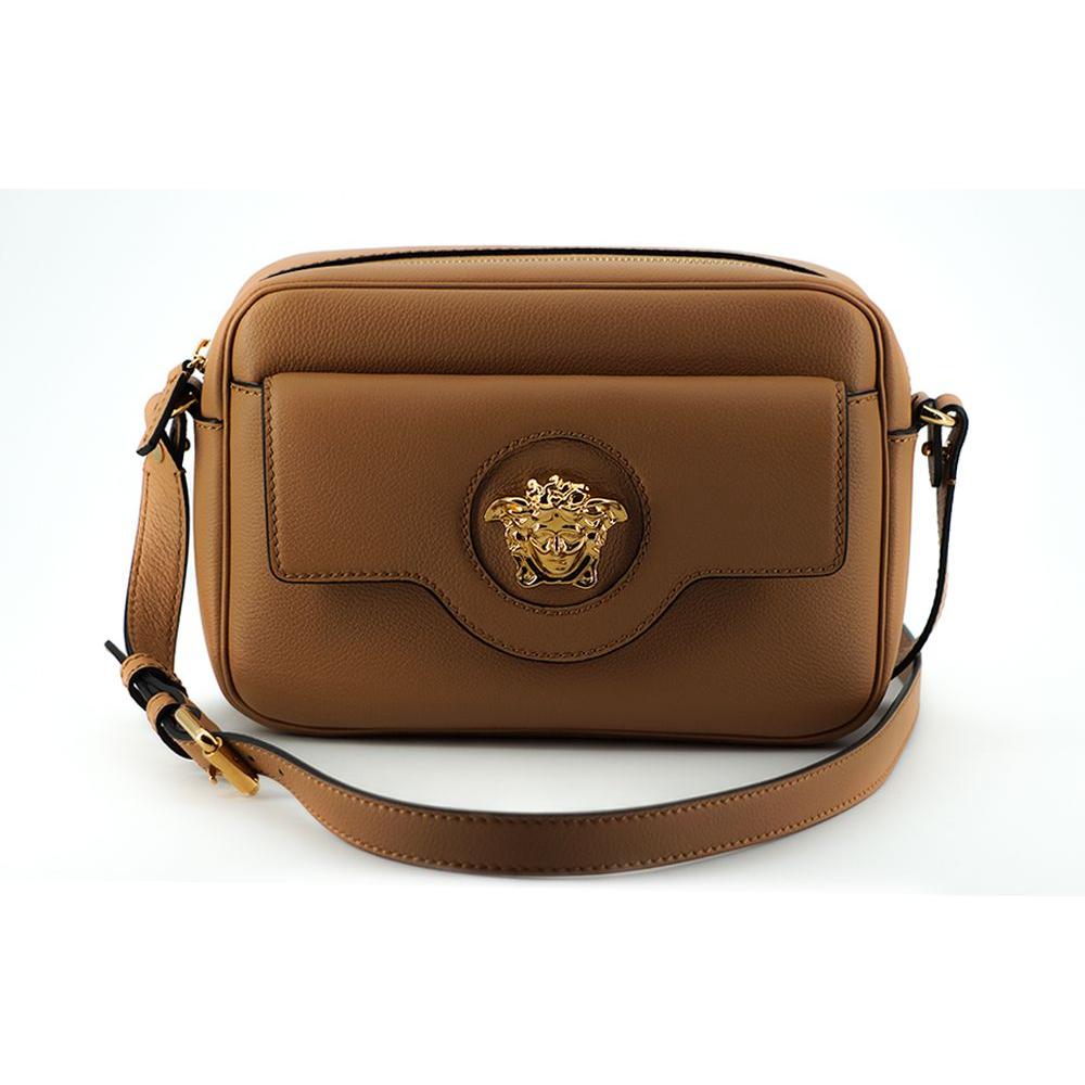 Versace Elegant Brown Leather Camera Case Shoulder Bag