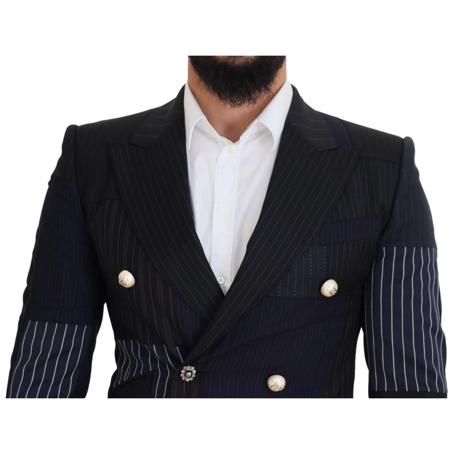 Dolce & Gabbana Blue Wool Patchwork Double Breasted Blazer