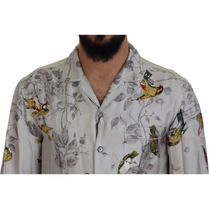 Dolce & Gabbana White Bird Print Silk Satin Casual Shirt