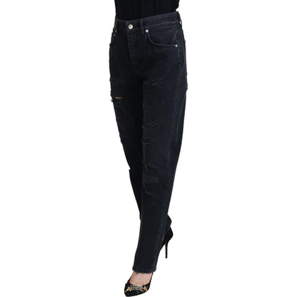 Dolce & Gabbana Black Cotton Tattered High Waist Denim Jeans