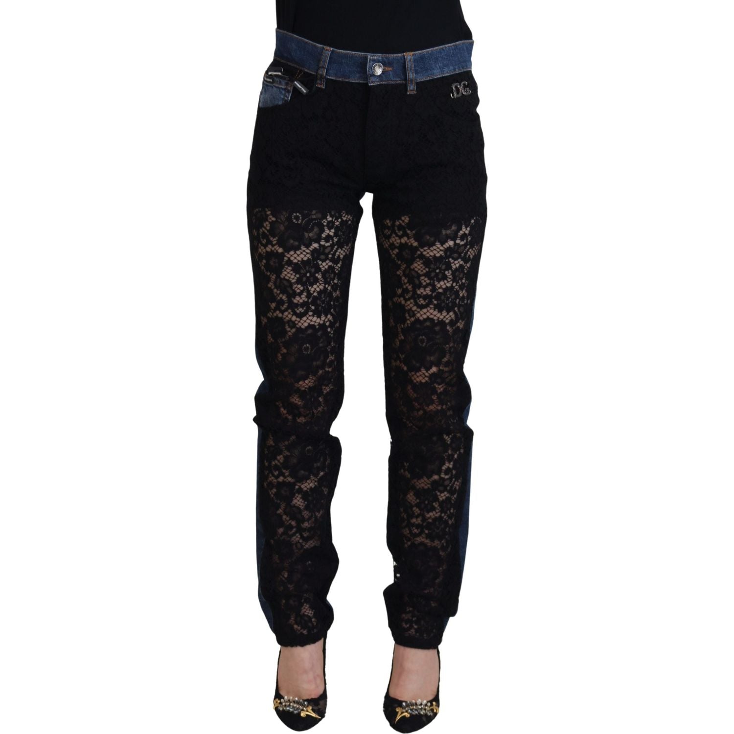 Dolce & Gabbana Black Floral Lace Front Skinny Denim Jeans