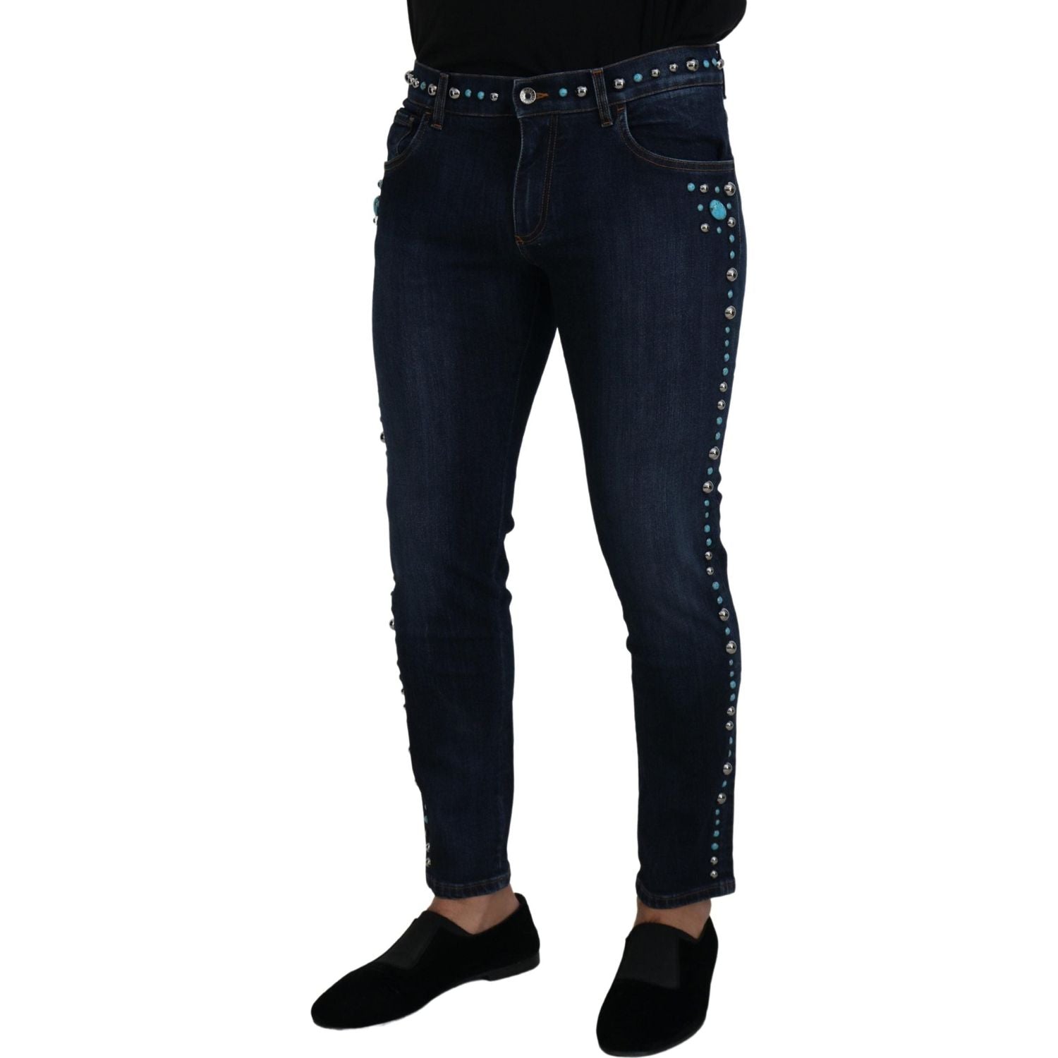 Dolce & Gabbana Blue Cotton Studded Low Waist Denim Jeans