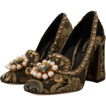 Dolce & Gabbana Gold Crystal Square Toe Brocade Pumps Shoes LA9965 - 36
