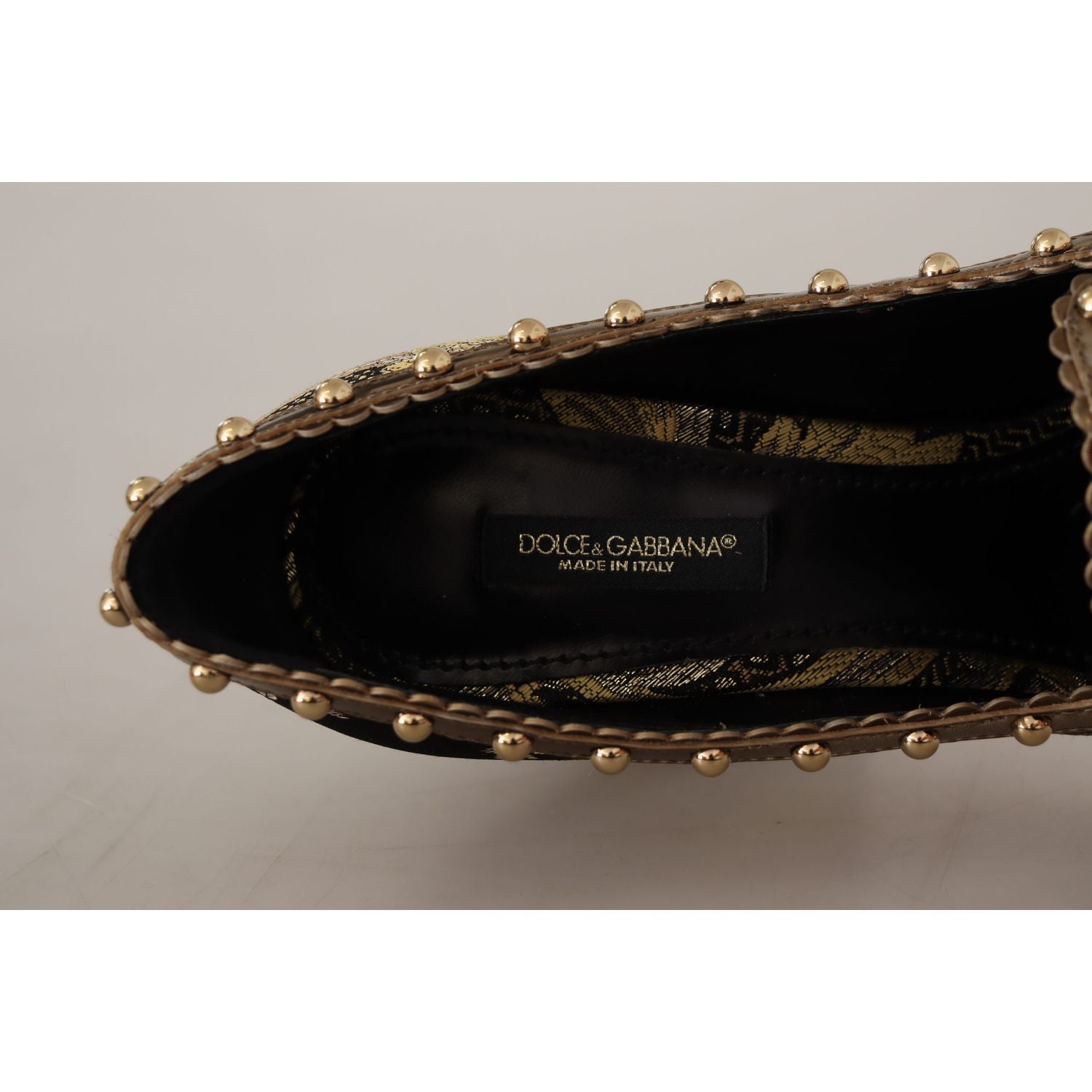 Dolce & Gabbana Gold Crystal Square Toe Brocade Pumps Shoes