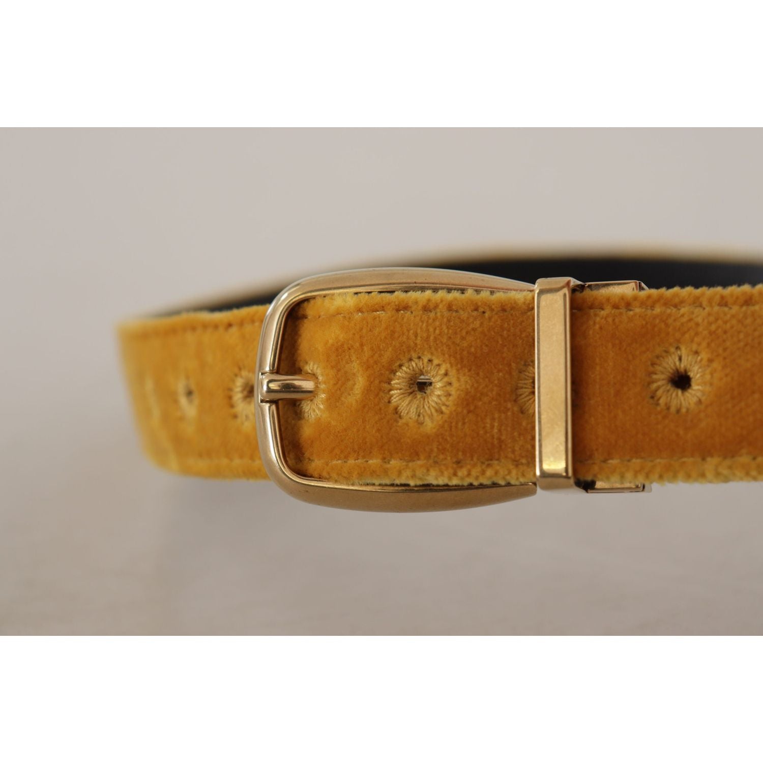 Dolce & Gabbana Mustard Velvet Gold Logo Engraved Metal Buckle Belt