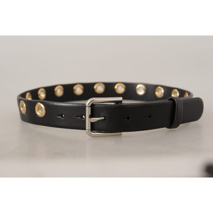 Dolce & Gabbana Black Leather Eyelet Silver Tone Metal Buckle Belt
