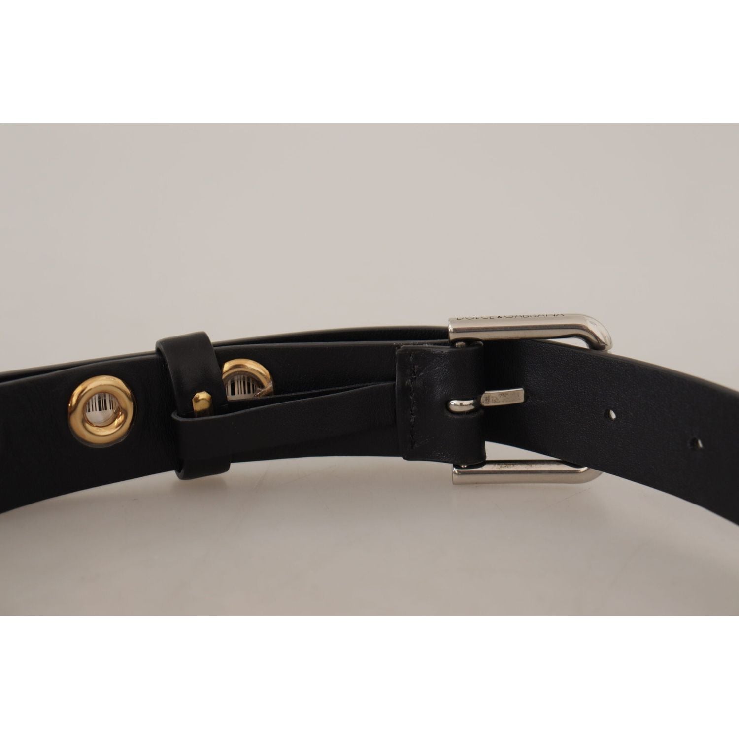 Dolce & Gabbana Black Leather Eyelet Silver Tone Metal Buckle Belt