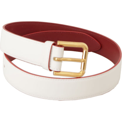 Dolce & Gabbana White Calf Leather Two-Toned Gold Metal Buckle Belt