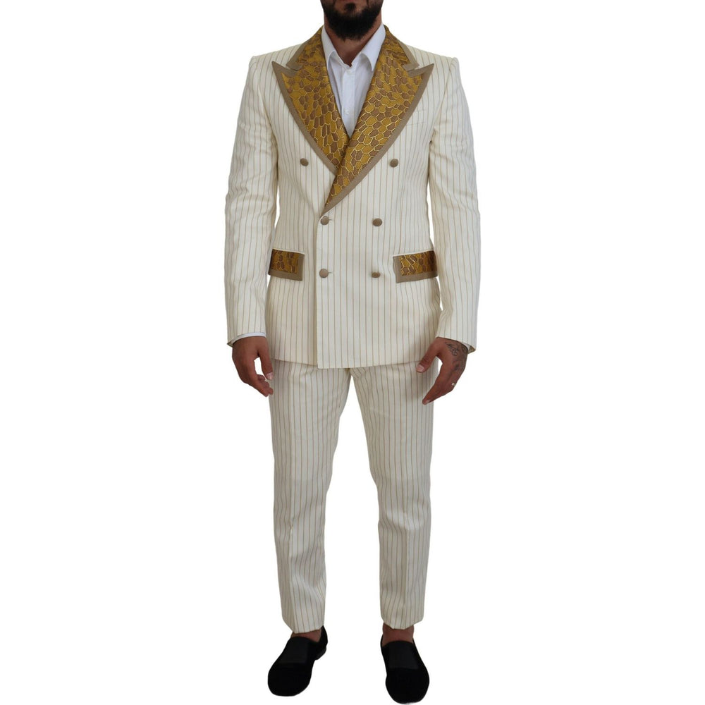 Dolce & Gabbana Off White Gold Striped Tuxedo Slim Fit Suit KOS2116- 46