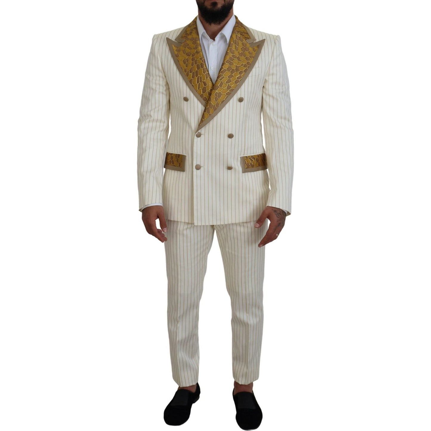 Dolce & Gabbana Off White Gold Striped Tuxedo Slim Fit Suit KOS2116- 46