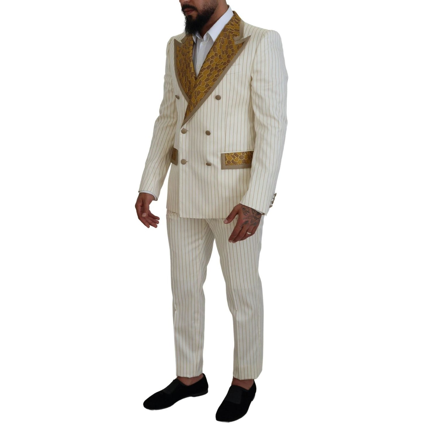 Dolce & Gabbana Off White Gold Striped Tuxedo Slim Fit Suit KOS2116- 46