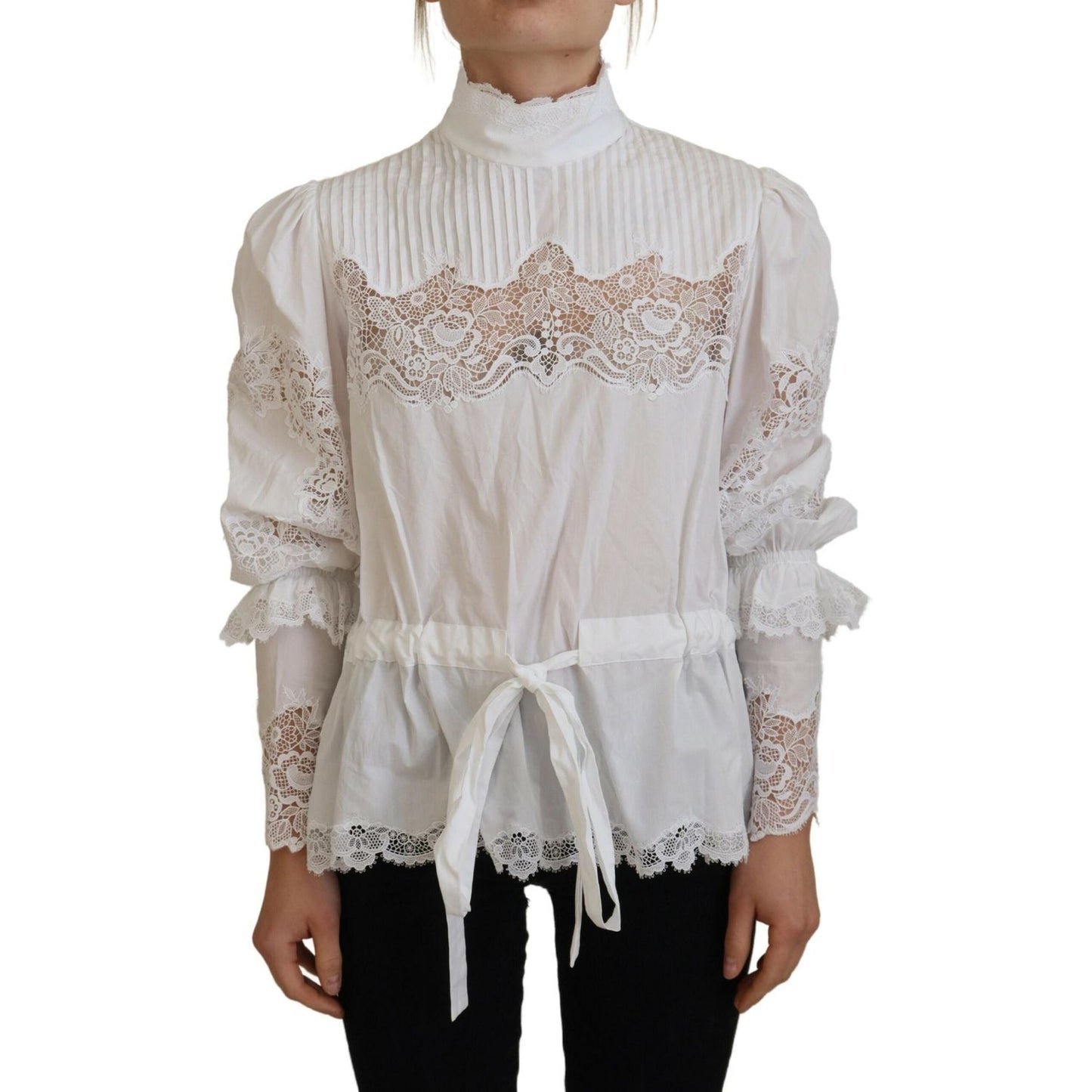 Dolce & Gabbana White Cotton Lace Trim Turtle Neck Blouse Top