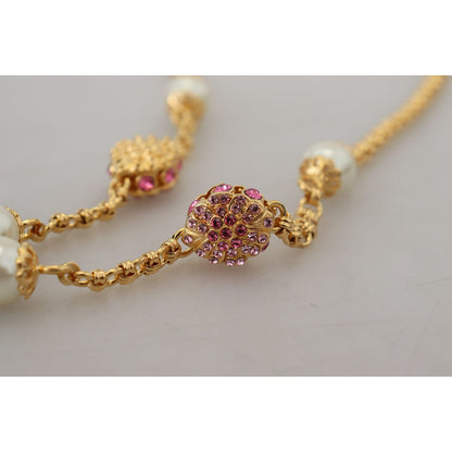 Dolce & Gabbana Gold Tone Floral Crystals Pink Embellished Necklace Necklace