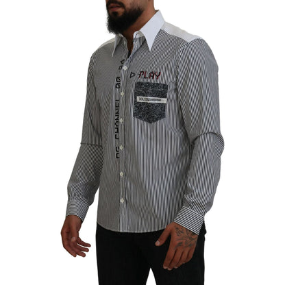 Dolce & Gabbana Black White Striped Printed Casual Cotton Shirt