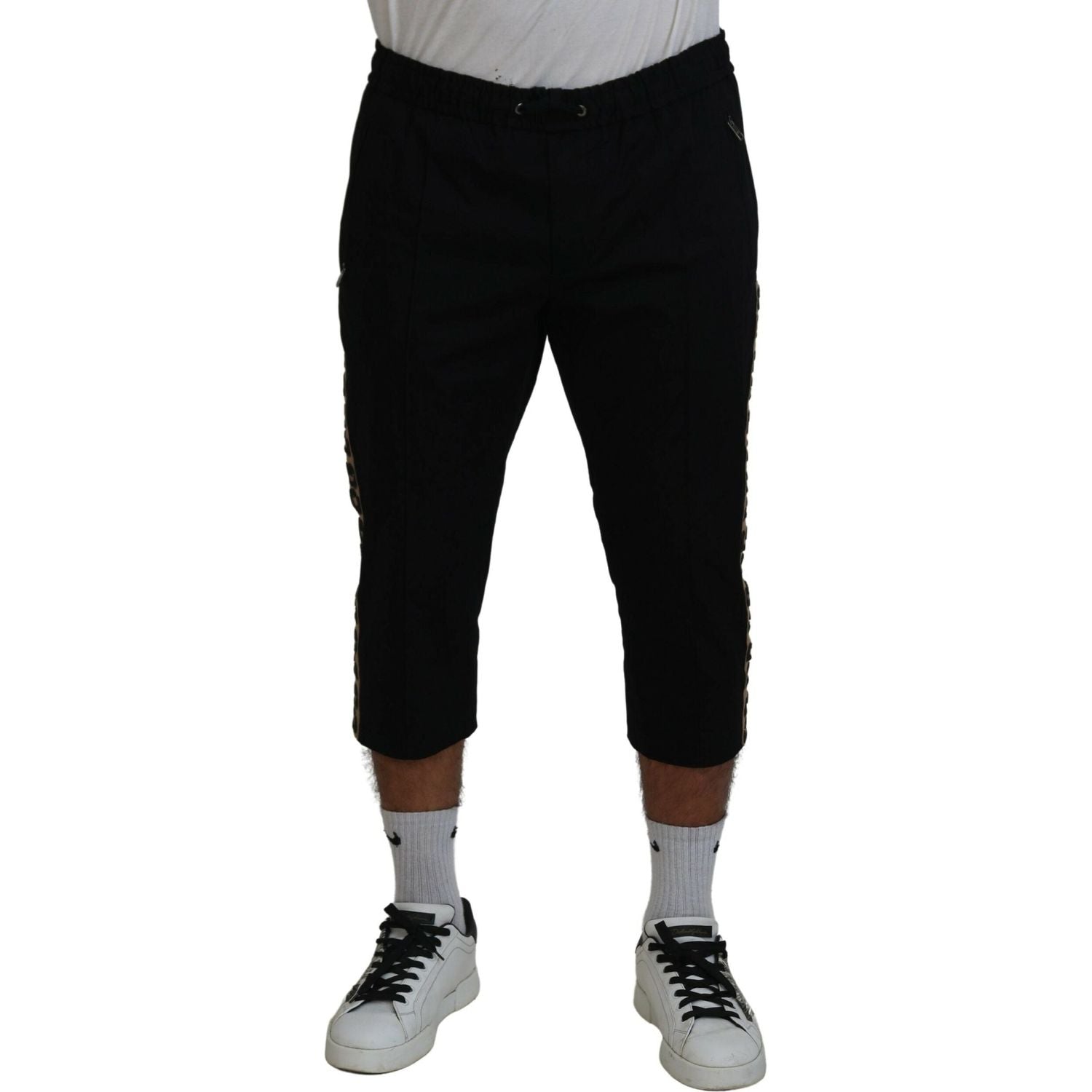 Dolce & Gabbana Black Cotton Elastic Waist DG Logo Cropped Pants