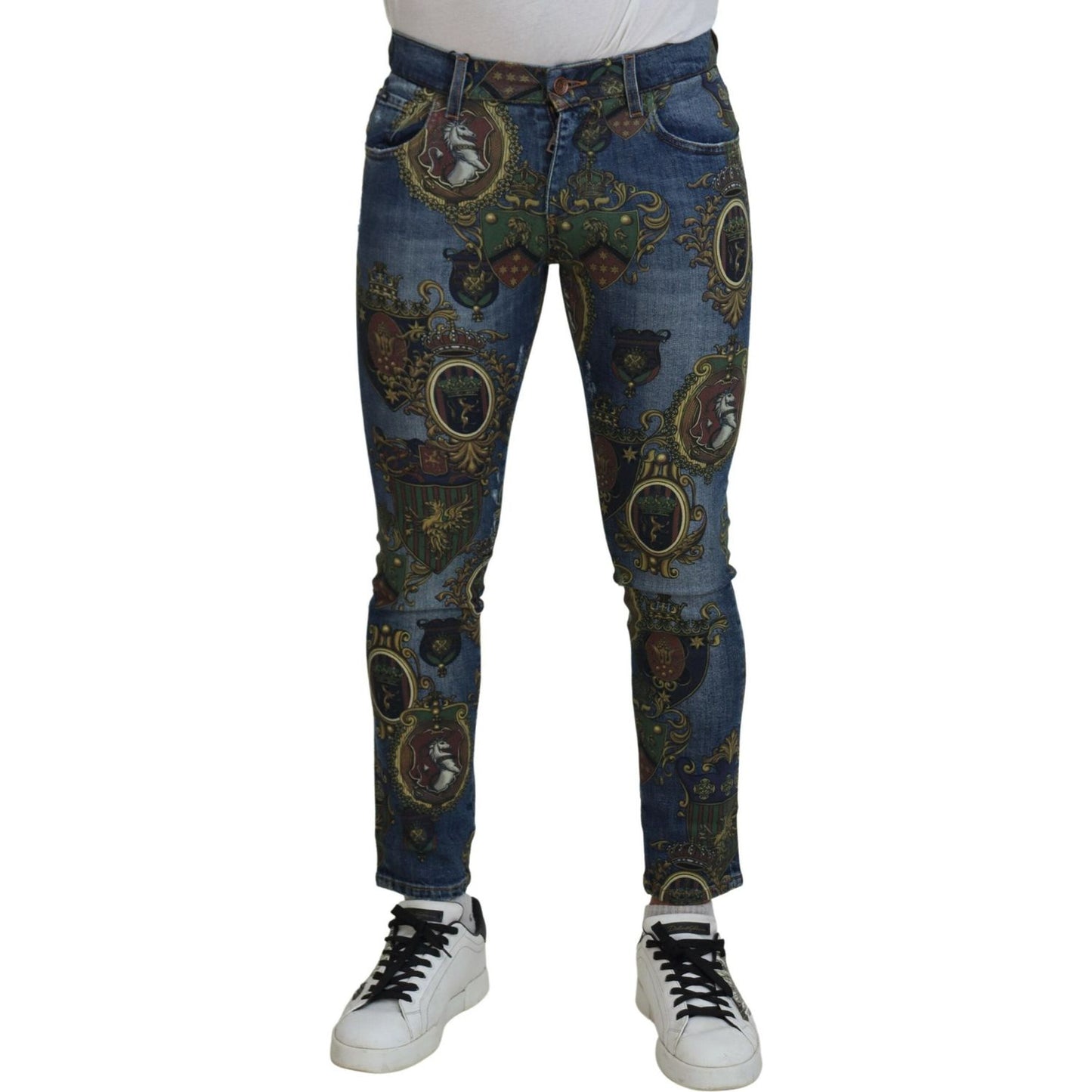 Dolce & Gabbana Blue Medal Print Slim Fit Cotton Jeans