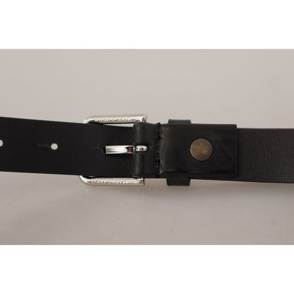 Dolce & Gabbana Black Calf Leather Silver Tone Logo Metal Buckle Belt