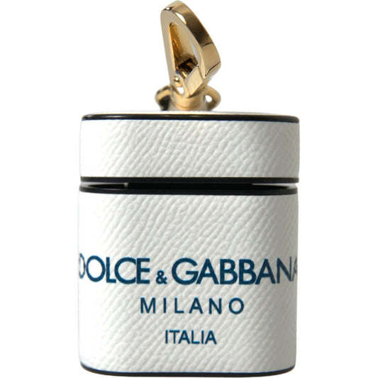 Dolce & Gabbana White Blue Calf Leather Logo Print Strap Airpods Case