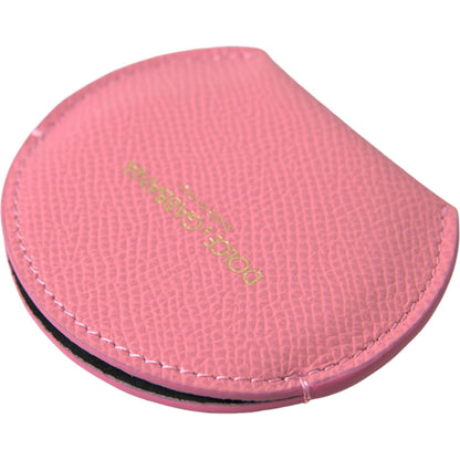 Dolce & Gabbana Pink Calfskin Leather Round Logo Print Hand Mirror Holder