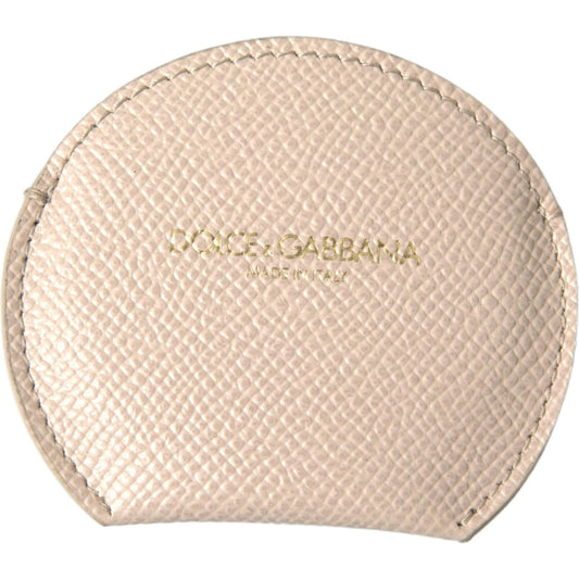 Dolce & Gabbana Beige Calfskin Leather Round Logo Hand Mirror Holder