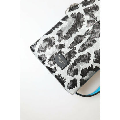 Dolce & Gabbana Gray Leopard Leather Men Purse Crossbody Sling Phone Bag