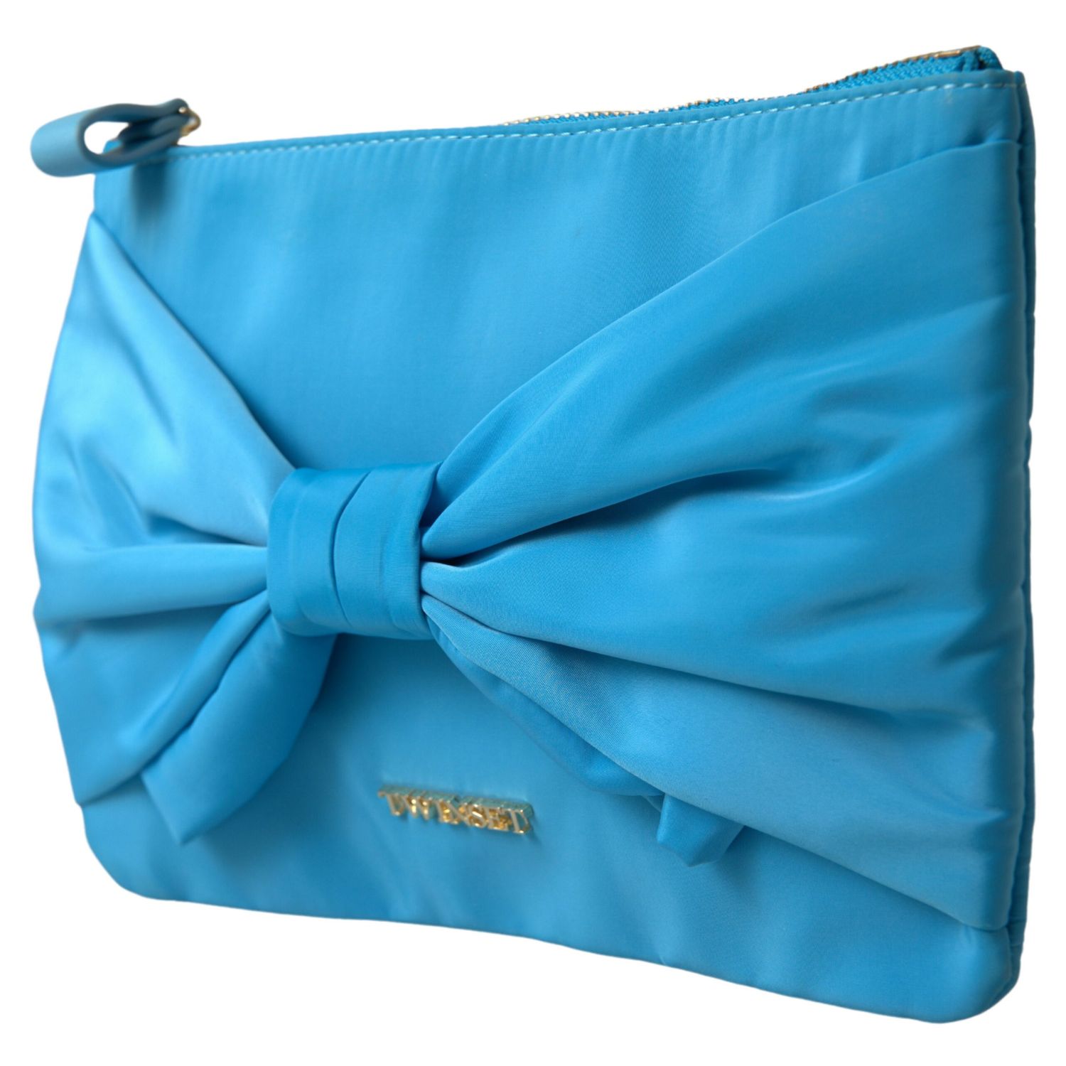 Twinset Blue Tafta Silk Large Bow Zipper Clutch Women Borse Logo Bag
