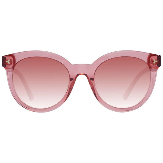 Red acetate Bally women's sunglasses with gradient burgundy lenses, full-rim, round style, 100% UVA & UVB protection.