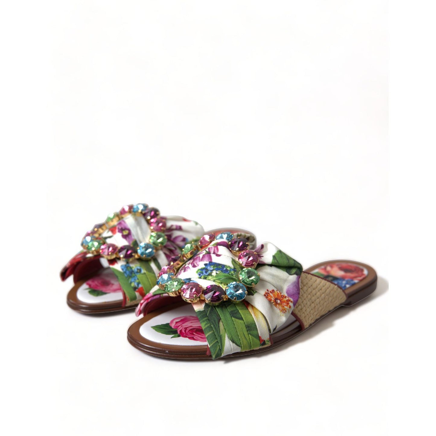 Dolce & Gabbana Multicolor Floral Flats Crystal Sandals Shoes