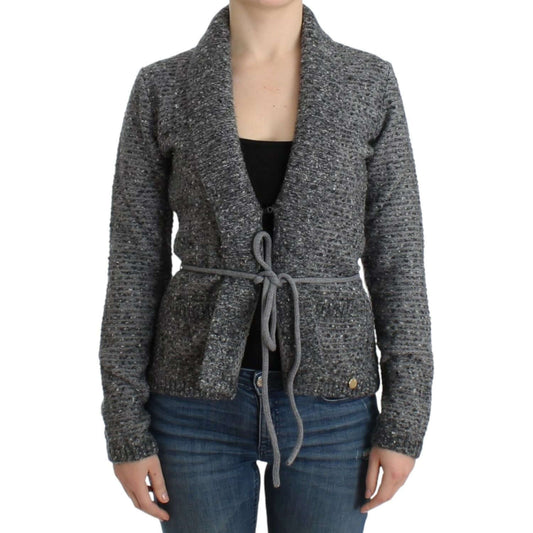 Gray wool blend cardigan with tie-waist design, showcasing luxury and elegance from Cavalli, worn with jeans.